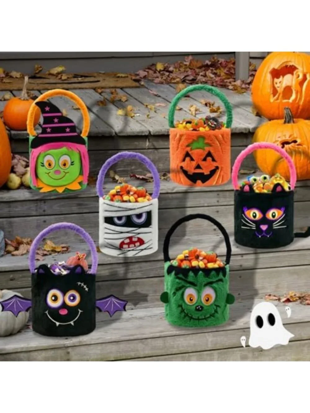 Set of 2 Plush Halloween Trick or Treat Bags - Witch & Black Cat Candy Buckets
